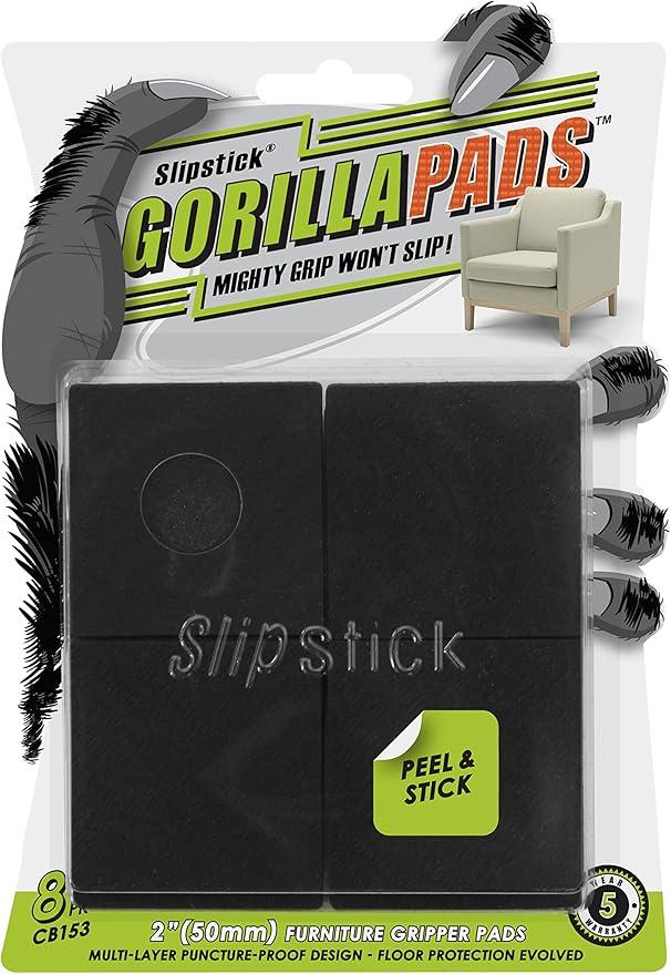 Slipstick GorillaPads Non Slip Furniture Pads/Gripper Feet Floor Protectors (Set of 8) Premium 2 Inch Square Self Adhesive Rubber Stoppers for Furniture Legs