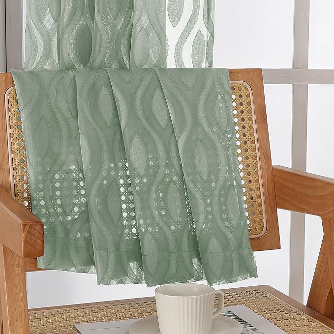 Aiyufeng Green Sheer Curtains 72 Inches Long 2 Panels Set, Lightweight Clip Jacquard Textured Sheer Privacy Curtains for Bedroom Living Room, Classic Wavy Line Design Door Curtains, 40" Wx72 L Inches