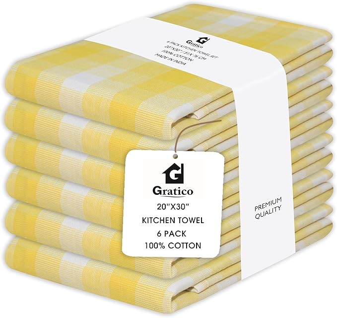 Kitchen Towels Set of 6 Yellow/White Checks 20x30 Inches 100% Cotton Highly Absorbent Kitchen Towels Premium Quality Ultra Soft Mitered Corners