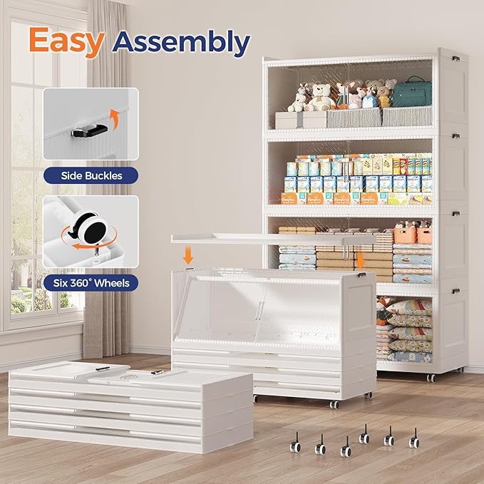 240GAL Extra Large Storage Bins with Lid, 960QT Collapsible Organizer with Wheels, Stackable Closet Cabinet with Doors, Folding Storage Containers for Home, Office, Dorm, 3Pack White