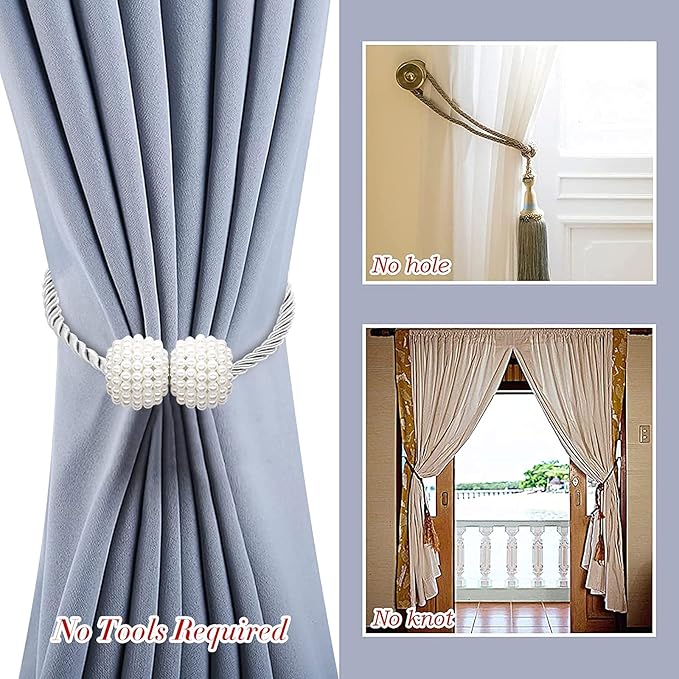 Hion Magnetic Curtain Tiebacks White 2pcs, Curtain Tiebacks Buckles Holdbacks Holders Hooks Clip for Home Bedroom Office Decorative Curtain
