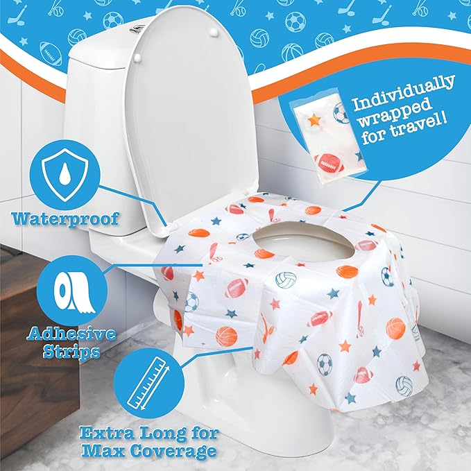 Toilet Seat Covers Disposable (20 Pack, Sports) - XL Waterproof Toilet Cover for Toddlers, Kids & Adults - Portable & Individually Wrapped for Travel, Potty Training & Public Restrooms