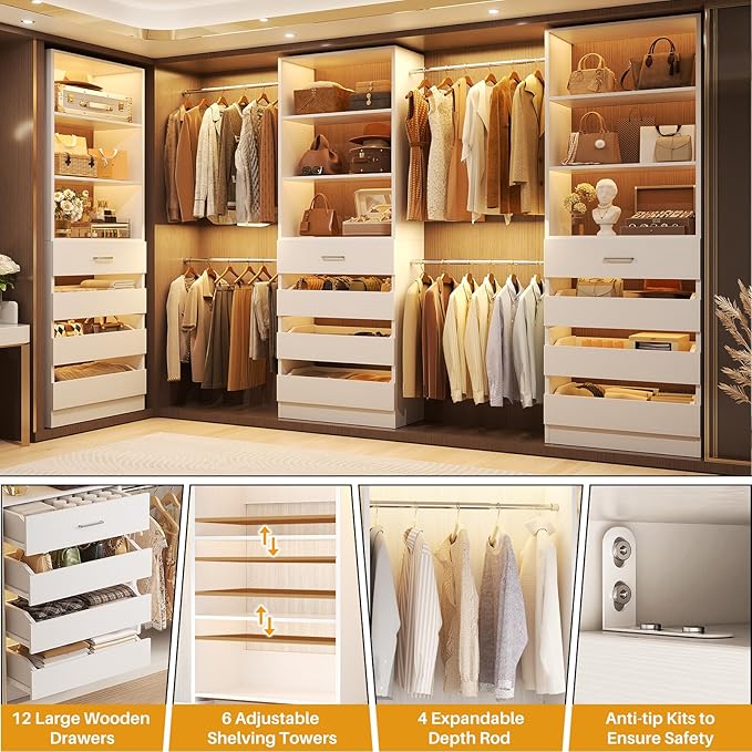 Aheaplus Closet System with 12 Drawers, 8.5-11.5Ft Wood Closet Organizer System with 4 Hanging Rods & 3 Towers, 4Ft & 6Ft L-Shaped Walk-in Closets Wardrobe Organizer Clothes Rack, Set of 3, White