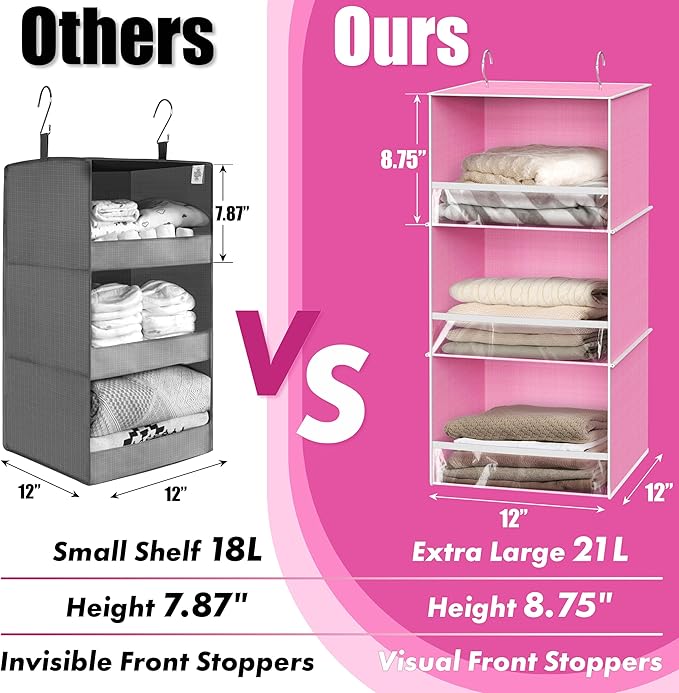Simple Houseware 3 Shelf Hanging Closet Organizer with Front Stopper, Pink