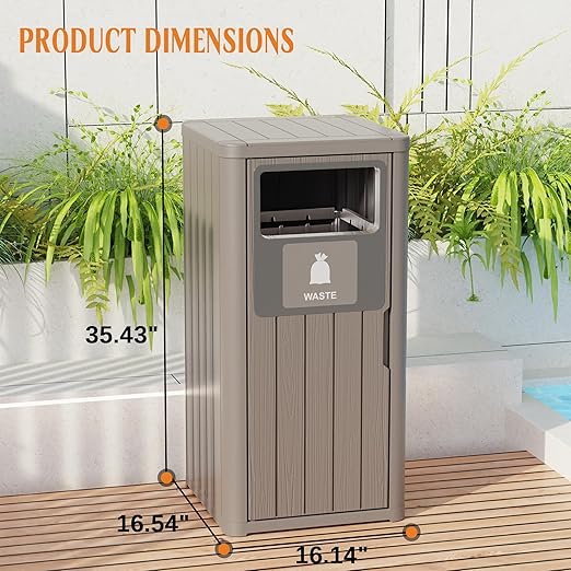 Outdoor Single Barrel Trash Can,Waterproof Resin Garbage Can with Garbage Labels,Durable Waste Bin for Porch, Backyard,Kitchen,for 30 to 39 Gallon Trash Bags