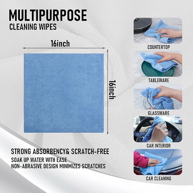 Tricol Clean Microfiber Cleaning Cloth, 16in*16in, 12 Pack Ultra-Thick Cleaning Rags, Super Absorbent, Lint Free & Streak Free Cleaning Towels for Car, House, Kitchen, Office