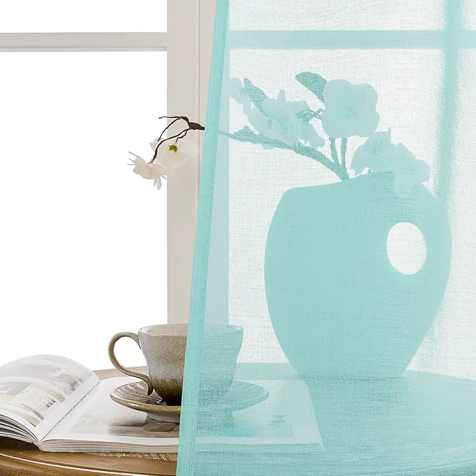 Tollpiz Sheer Curtains Closet Linen Textured Curtain Sheers Doorway Light Filtering Voile Patio Glass Door Rod Pocket Curtains French Door, 54 x 80 inches Long, Crystal Blue, Set of 1 Panel