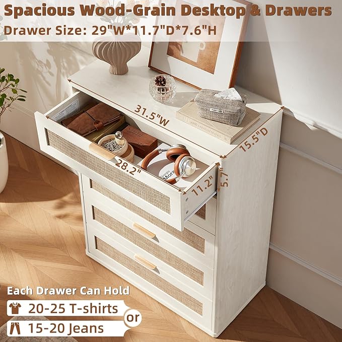 LEYAOYAO White Dresser for Bedroom, 41" Tall Chest of Drawers, Modern 5 Drawers Boho Rattan Dressers with Storage, Dresser Wooden Closet Organizer for Living Room, Hallway