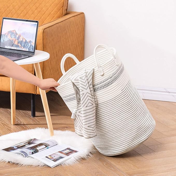 YOUDENOVA Woven Rope Laundry Hamper Basket, 58L Tall Luandry Basket, Baby Nursery Hamper for Blanket Storage, Clothes Hamper for Laundry in Bedroom-Large-Stripe White