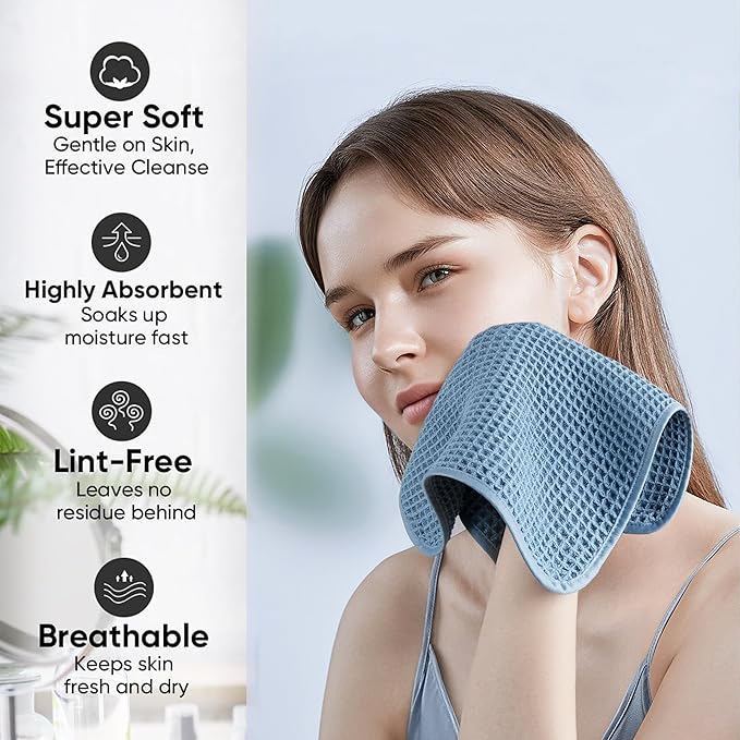 Microfiber Waffle Face Towels, 2 Pieces, Oversized, Soft, Absorbent, Fast Drying, Lint Free (Blue)