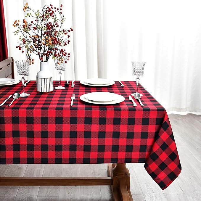 Gingham Xmas Tablecloth Fabric - Oblong 58x120 Water Resistant Christmas Plaid Table Cloth for Indoor/Outdoor Use - Red Tabletop Cover Perfect for Birthday, Picnics, Gardens