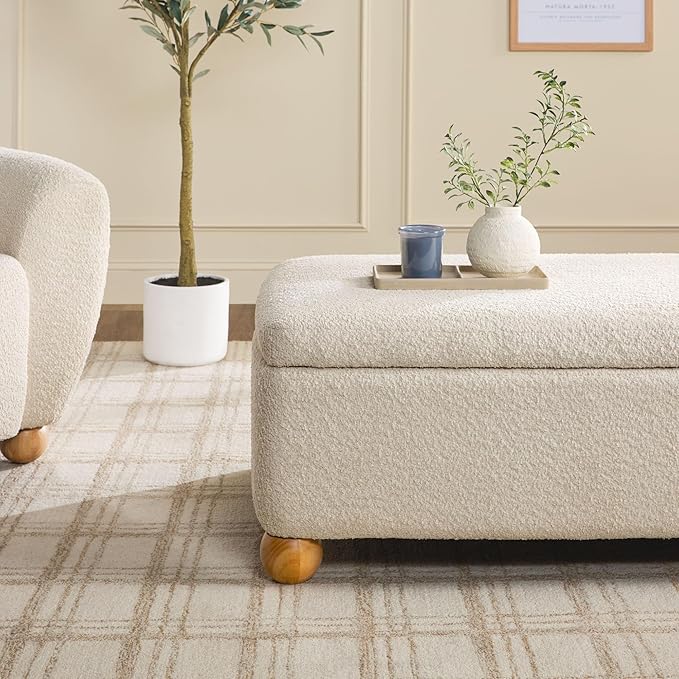 Walker Edison Linley Contemporary Large Storage Bouclé Ottoman with Wood Legs, Ivory