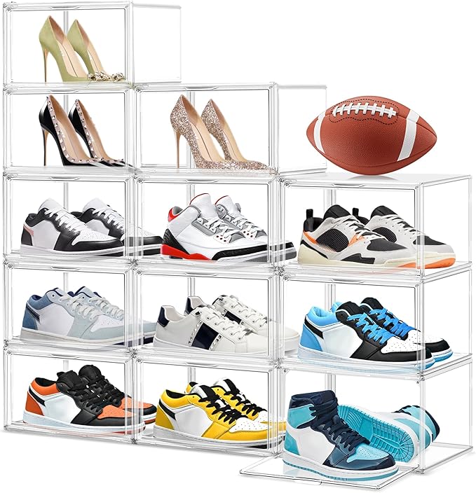 12 Pack Shoe Organizer Clear Plastic Stackable Shoe Storage Boxes with Magnetic Lid Acrylic Display Case Shoe Sneaker Rack for Closet,Fit up to US Size 12