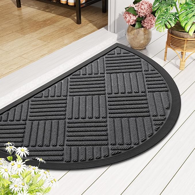 Smiry Half Circle Front Door Mat Outside Entrance,Heavy Duty Outdoor Indoor Natural Rubber Doormat,Non Slip,Trap Dirt and Moisture,Easy Clean,Low Profile Patio Porch Entryway Mat,29.5x17, Light Grey