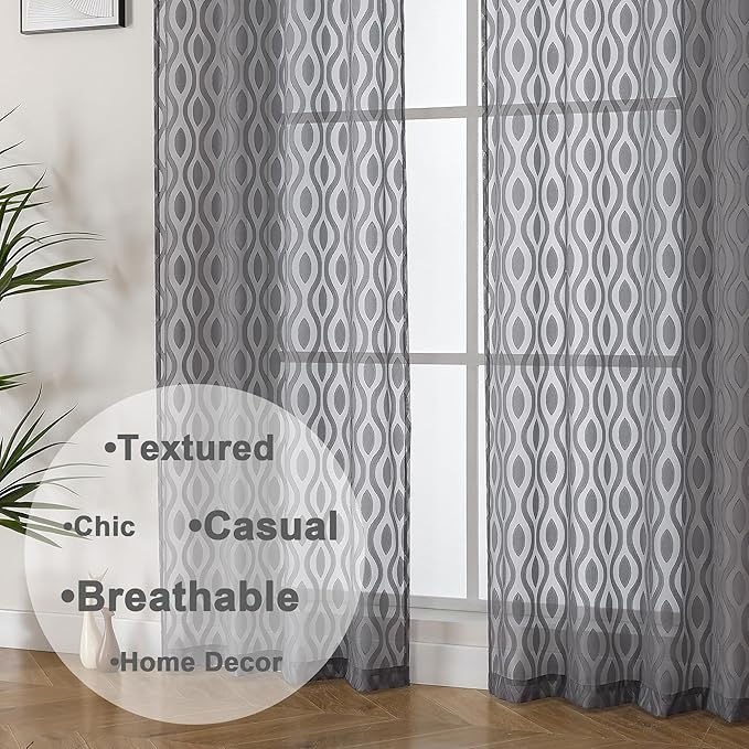 Aiyufeng Sheer Grey Curtains 54 Inch Length 2 Panels, Soft Lightweight Clip Jacquard Textured, Modern Wavy Line Voile for Bedroom Living Room, 40" W x 54" L