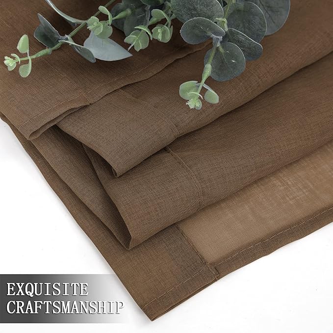 Tollpiz Sheer Curtains Bedroom Linen Textured Curtain Sheers Light Filtering Voile Rod Pocket Curtains for Living Room, 38 x 84 inches Long, Brown, Set of 2 Panels