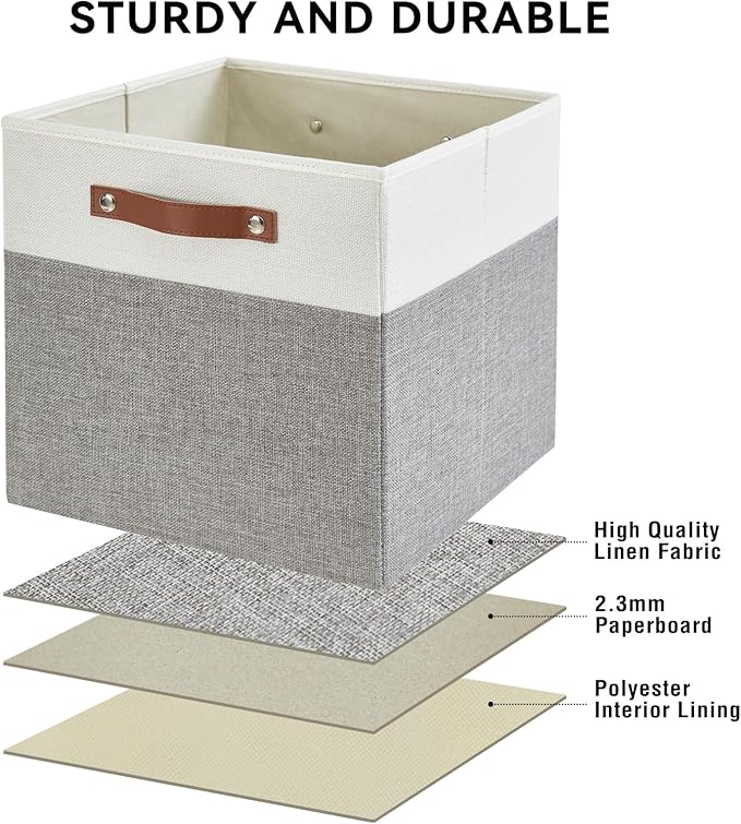 Collapsible Fabric Storage Cube Bins with 2 Reinforced PU Handles, Foldable Storage Organizer Baskets for Closet, Shelves, Living Room | 11"x11"x11", 4 Pack, Gray & White