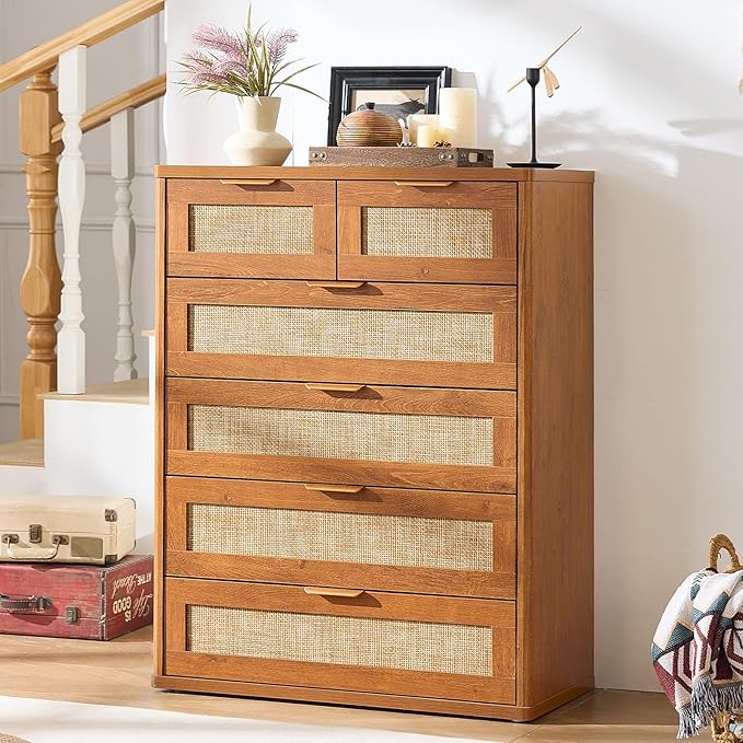 LEYAOYAO Rattan Dresser for Bedroom Set of 2, 42" Tall Chest of Drawers, Modern 6 Drawers Boho Dressers with Storage, Vintage Brown Dresser Wooden Closet Organizer for Living Room, Hallway