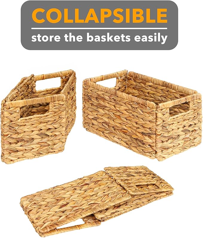SpaceAid 4 Pack Wicker Basket, Storage Baskets for Organizing, Woven Rattan Basket with Handles for Shelves, Water Hyacinth Large Cube Organizer Storage Bin, 13x8.2x7 inch, Natural