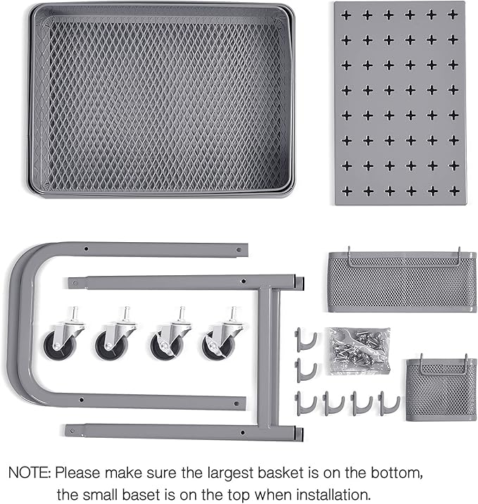 TOOLF 3-Tier Rolling Cart, Metal Utility Storage Cart with DIY Pegboards, Art Craft Trolley with Baskets Hooks, Serving Organizer Easy Assemble for Office, Home, Kitchen, Classroom (Grey)