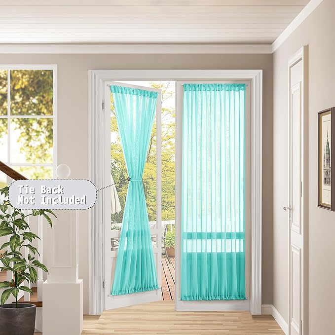 Tollpiz Sheer Door Curtain Closet Linen Textured Curtains Sheer Doorway Light Filtering Voile Patio Door Rod Pocket Curtain French Door, 54 x 72 inches Long, Aqua Blue, Set of 1 Panel