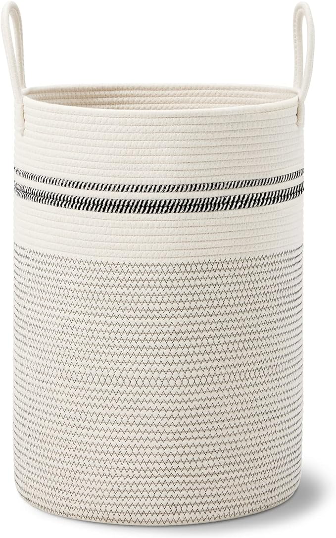 VIPOSCO Large Laundry Hamper, Tall Woven Rope Storage Basket for Blanket, Toys, Dirty Clothes in Living Room, Bathroom, Bedroom - 72L Stripe White