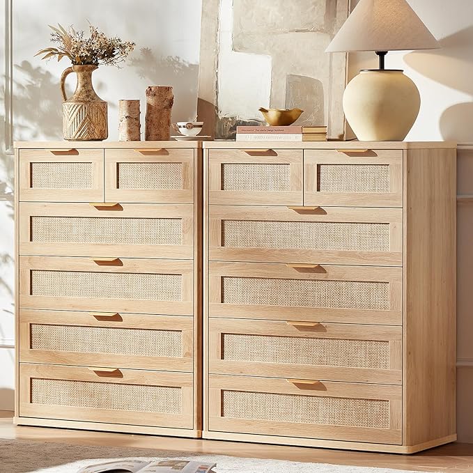 LEYAOYAO Rattan Dresser for Bedroom Set of 2, 42" Tall Chest of Drawers, Modern 6 Drawers Boho Dressers with Storage, Light Oak Dresser Wooden Closet Organizer for Living Room, Hallway, Natural Wood