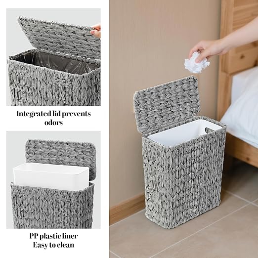 3 Gallon Wicker Trash Can,Grey Bathroom Trash Cans with Lid,Waterproof Slim Waste Basket for Bedroom,Home Office,Narrow Garbage Can with Removable Liner