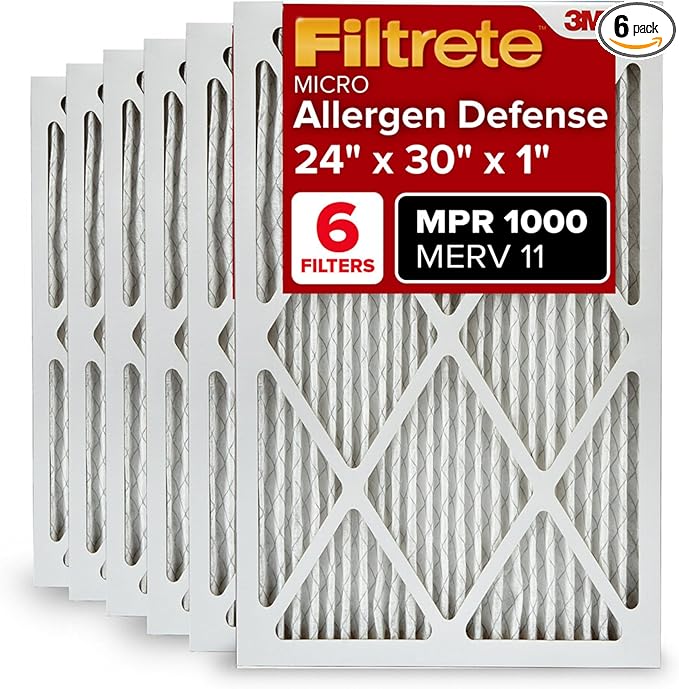 Filtrete 24x30x1 AC Furnace Air Filter, MERV 11, MPR 1000, Micro Allergen Defense, 3-Month Pleated 1-Inch Electrostatic Air Cleaning Filter, 6 Pack (Actual Size 23.81x29.81x0.81 in)