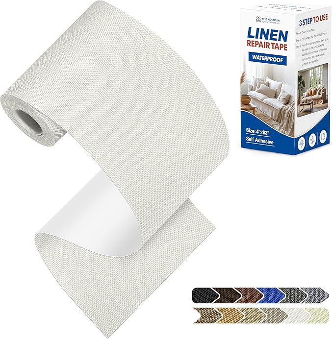 KING MOUNTAIN Linen Repair Patches, Self-Adhesive Fabric Patches, 4 X 63 inch Extra Size, Multi Color, Can be Used for Sofa Repair and Linen Clothes Repair (White)