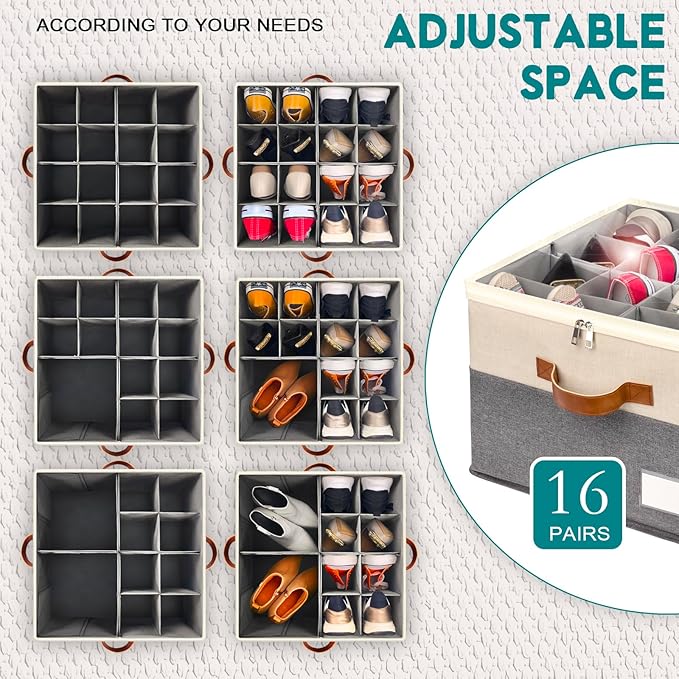 Shoe Organizer for Closet, Foldable Shoe Storage Bins with Clear Cover, Space Saving Shoes Holder with 4 Handles, Large Adjustable Shoe Box Storage Containers, Fits 8-16 Pairs, 1 Pack, Beige