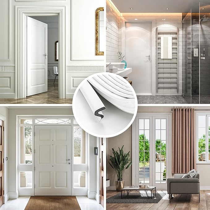 Weather Stripping Door Seal Strip - Soundproof Q-Shaped Foam for Exterior Door Frame, Large Gap Seal, Noise Cancelling, Easy to Install (White, 26FT)