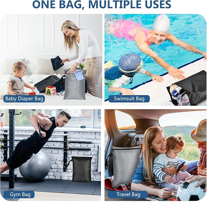 OTraki 2PCS Waterproof Bag for Swimsuit 12x16 inch Wet Dry Bags With Portable Handle & Zipper Reusable Travel Wet Clothes Gym Bag Storage for Beach/Pool/Swimming, Black&Grey