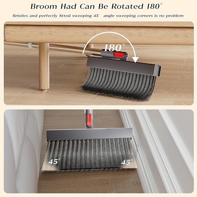 Broom with Dustpan Combo Set 180 Degree Rotating Broom Set with Comb Teeth Upright Standing Dust Pan with Adjustable Long Handle for Home Room Kitchen