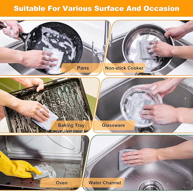 Inkhut Non Scratch Wire Dishcloth, Multipurpose Wire Dishwashing Rag for Wet and Dry, Multifunctional Dish Rags for Washing Dishes, Reusable Steel Wool Scrubber for Kitchen Cleaning