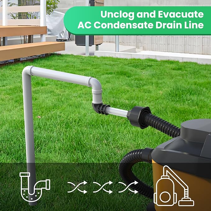 AC Drain Line Unclogger, HVAC to PVC Pipe AC Drain Line Cleaner Tool, A/C Condensate Drain Line Cleaner Adapter, AC Drain Sucker Wet Vac Attachment to Evacuate & Unclog AC Drain Lines-Black
