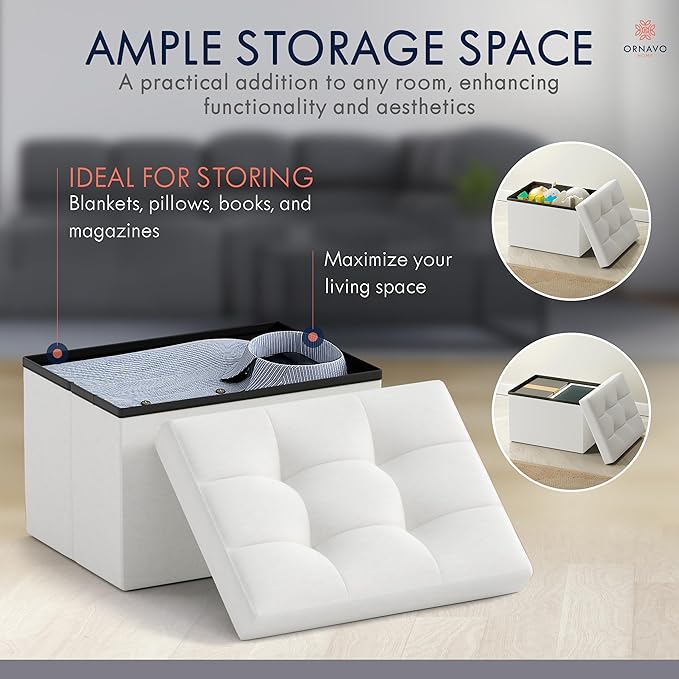Ornavo Home Small Storage Ottoman Foldable Collapsible Rectangle Linen Ottoman Foot Rest Stool Seat, for Living Room, Bedroom, Home Office, Dorm - 12 x 16 x 12, White