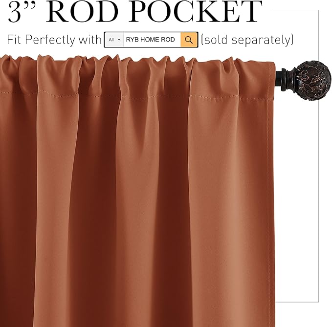 RYB HOME Orange Window Curtains 108 inches Length, Energy Efficient Rod Pocket Drapes Privacy Covers for Sliding Door Home Office, W52 x L108 inch, 2 Panels, Burnt Orange