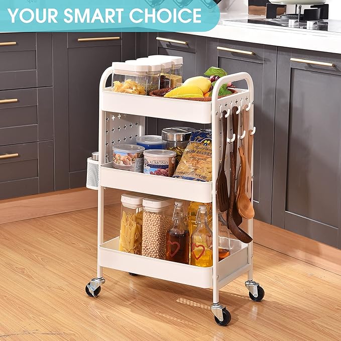TOOLF 3-Tier Rolling Cart, Metal Utility Storage Cart with DIY Pegboards, Art Craft Trolley with Baskets Hooks, Serving Organizer Easy Assemble for Office, Home, Kitchen, Classroom (White)