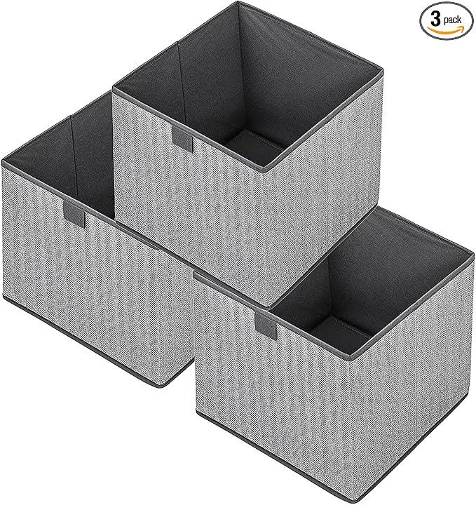 Storage Baskets, 11.8-Inch Woven Fabric Bins, Storage Cubes with Reinforced Handles, Organizer Bins for Closet Shelves, Foldable, for Toys, Clothes, Natural Beige (3PCS/Grey-11.8*11.8*11.8inch)