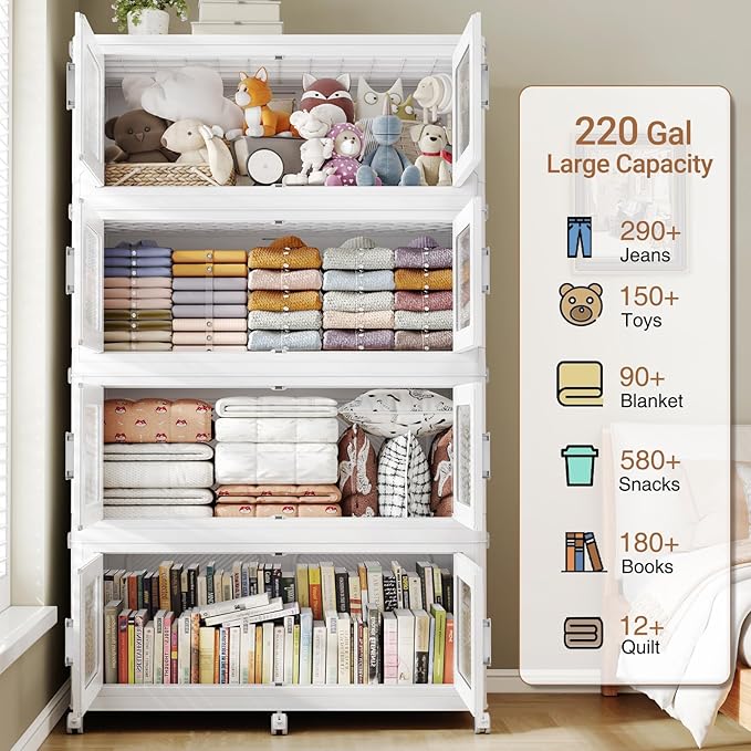 BROVIEW 880 Qt Stackable Storage Bin with Lids, 220Gal Extra Large Collapsible Storage Boxes, Folding Plastic Drawer, Heavy-Duty Store Cabinet, Closet Organizer for Home Kitchen, 4 Pack White