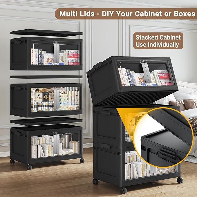 BROVIEW 480QT Stackable Storage Bins with Lids, 120Gal Extra Large Collapsible Storage Box with Wheel, Plastic Storages with Clear Door Open Front for Home Kitchen Garage, Black-3pack(3 lids)
