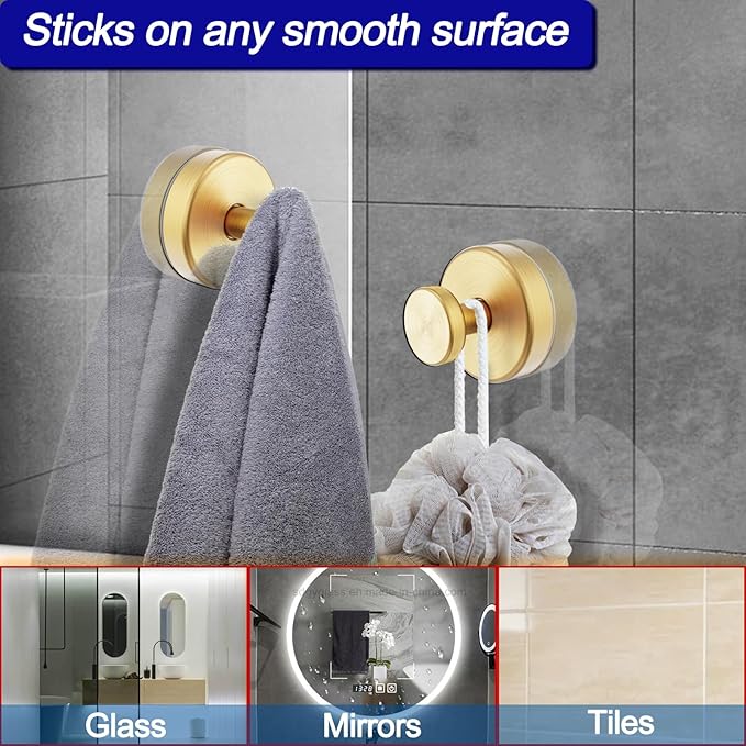 Suction Cup Hooks for Shower, Towel Hooks for Bathroom Window Glass, Bath Robe Looafh Hook for Hanging - 2 Pack, Gold