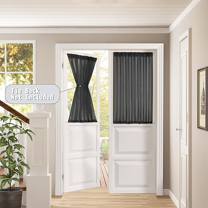 Tollpiz Small Sheer Curtain Linen Textured Curtain Sheers Doorway Light Filtering Voile French Door Rod Pocket Curtains Patio Glass Door, 25 x 40 inches Long, Black, Set of 1 Panel