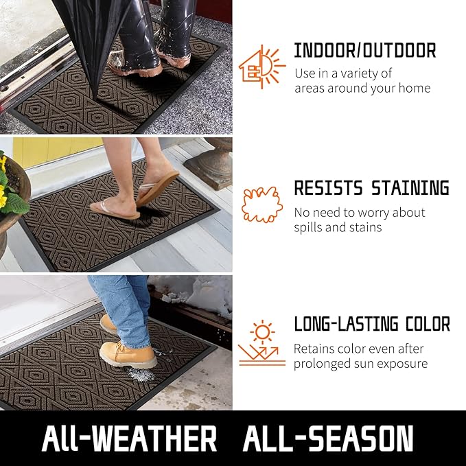 Yimobra Door Mat, Outdoor Indoor Entrance Welcome Mat, Heavy Entry Front Door Mat, Stain & Fade Resistant, Low Profile, Sturdy Rubber, Easy Clean Patio Floor Mat, Waterproof, 29.5 x 17, Brown
