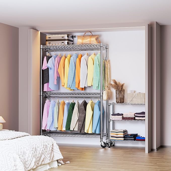IZEUK 3-Tier Heavy Duty Rolling Garment Rack, Chrome Metal Freestanding Closet Wardrobe Rack with Double Rods and Side Hooks, 15.7" D x 45.3" W x 79.6" H