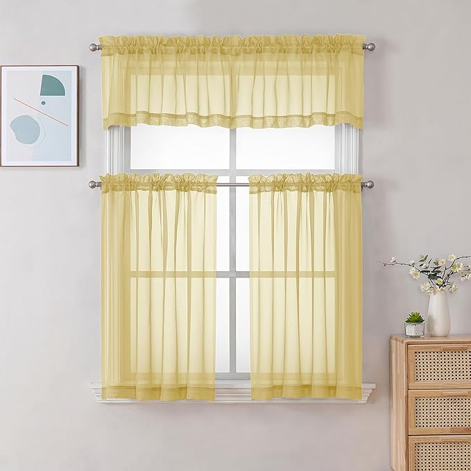 Chyhomenyc Yellow Sheer Curtains 30 inch Length 2 Panels, Light Filtering Voile Rod Pocket Short Window Curtians for Bathroom Living Room Farmhouse Small Windows, 42Wx30L inches