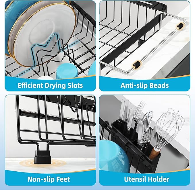 romision Expandable Dish Drying Rack Over The Sink Small Metal Stainless Steel Plate Holder for Compact Kitchen, Space Saving Modern Black Hanging Drainer
