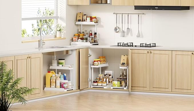 heart & home 1-Pack Under Sink Storage Organizer for Kitchen & Bathroom Cabinets with Removable Washable Tray, Tool-Free Assembly – Multi-Purpose for Kitchen Countertop, Vanity, & Laundry Room，White