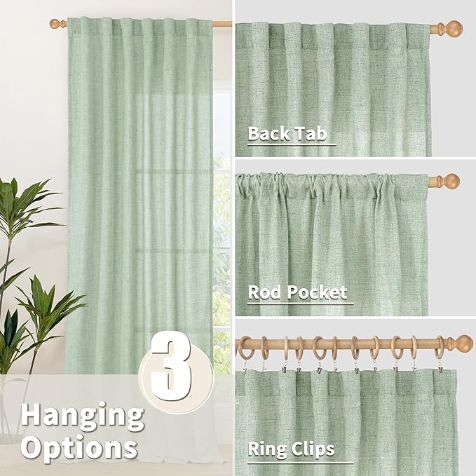 YoungsTex Sage Green Linen Curtains for Living Room 2 Panels, Semi Sheer Drapes Boho Light Filtering Window Treatments with Back Tab Rod Pocket for Office Dining Bedroom, 52 X 72 Inch